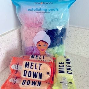 Spa Savvy Exfoliating Poufs & 6 PINK Bath Bombs.